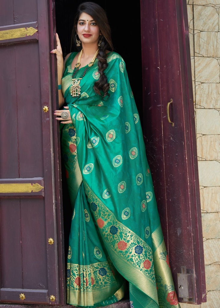 Emerald Green Silk Saree with Floral Motif Zari Border Clothsvilla