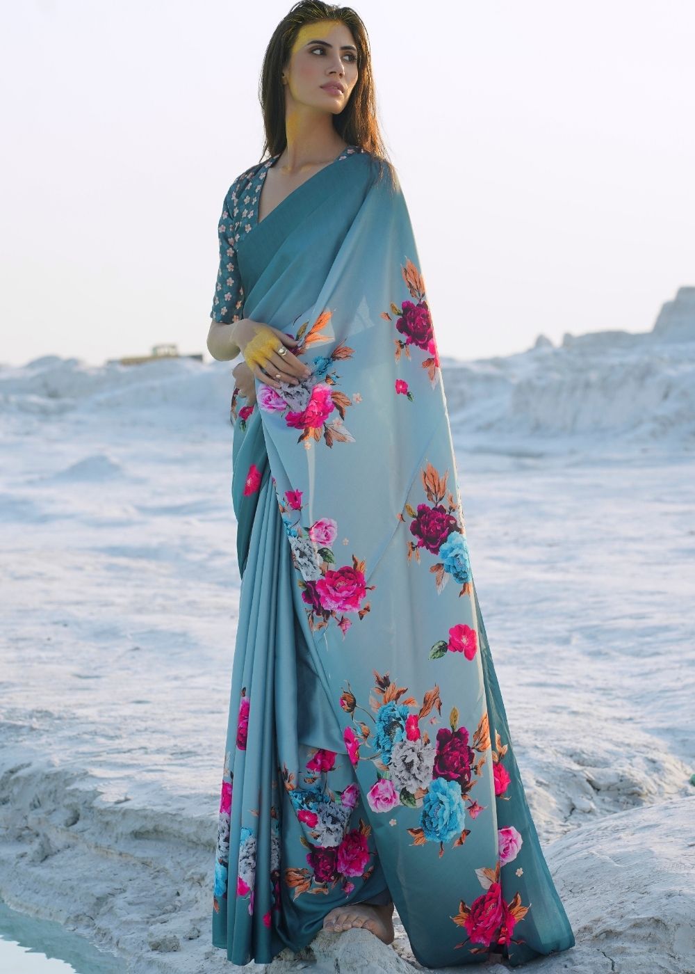 Turkish Blue Digital Printed Crepe Silk Saree Clothsvilla Main image