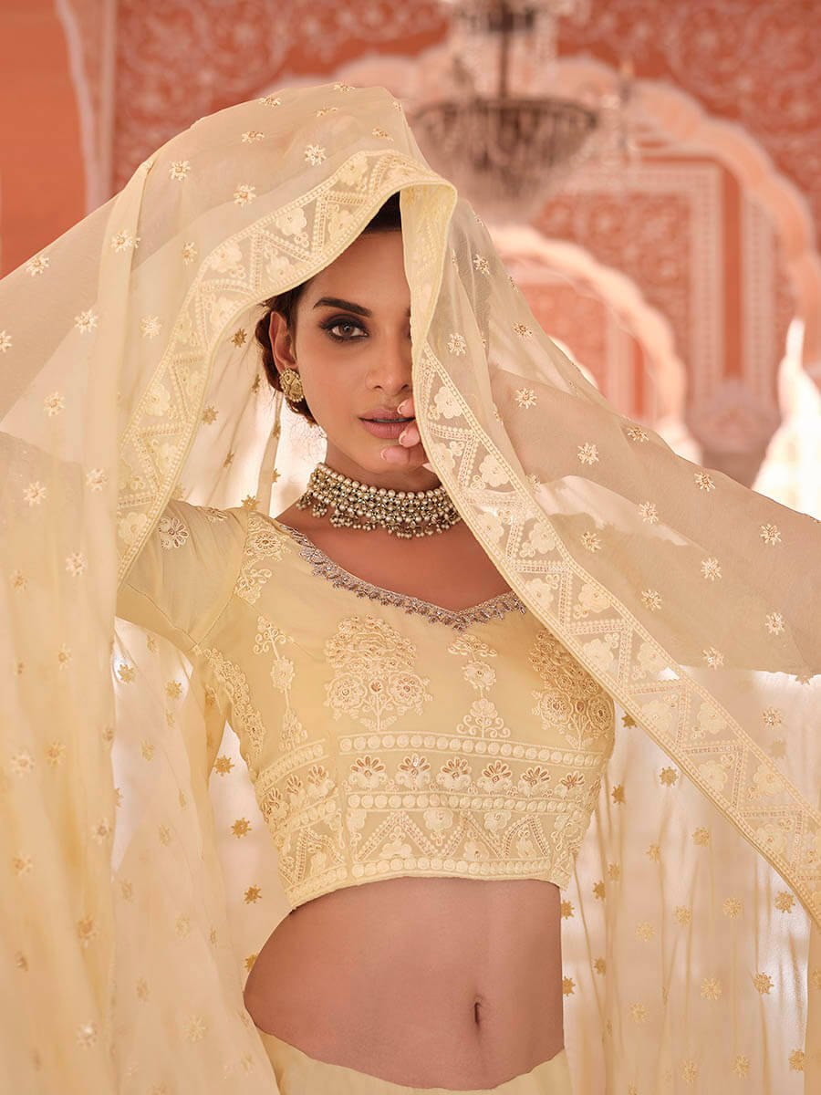 Off White Embroidered Designer Lehenga Choli Clothsvilla