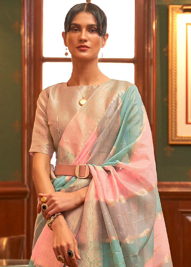 Pink & Blue Woven Organza Silk Saree Clothsvilla