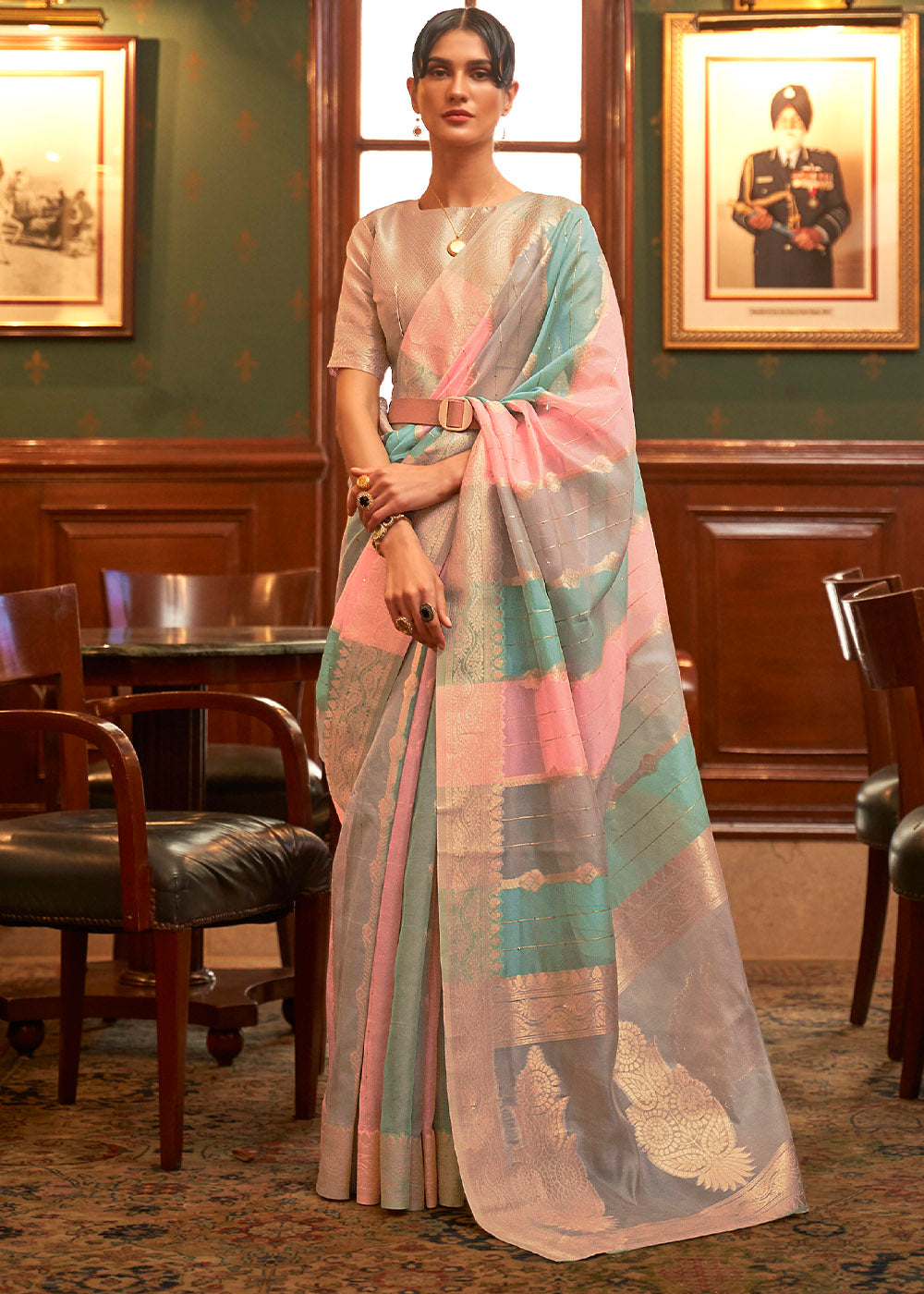 Pink & Blue Woven Organza Silk Saree Clothsvilla
