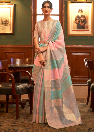 Pink & Blue Woven Organza Silk Saree Clothsvilla