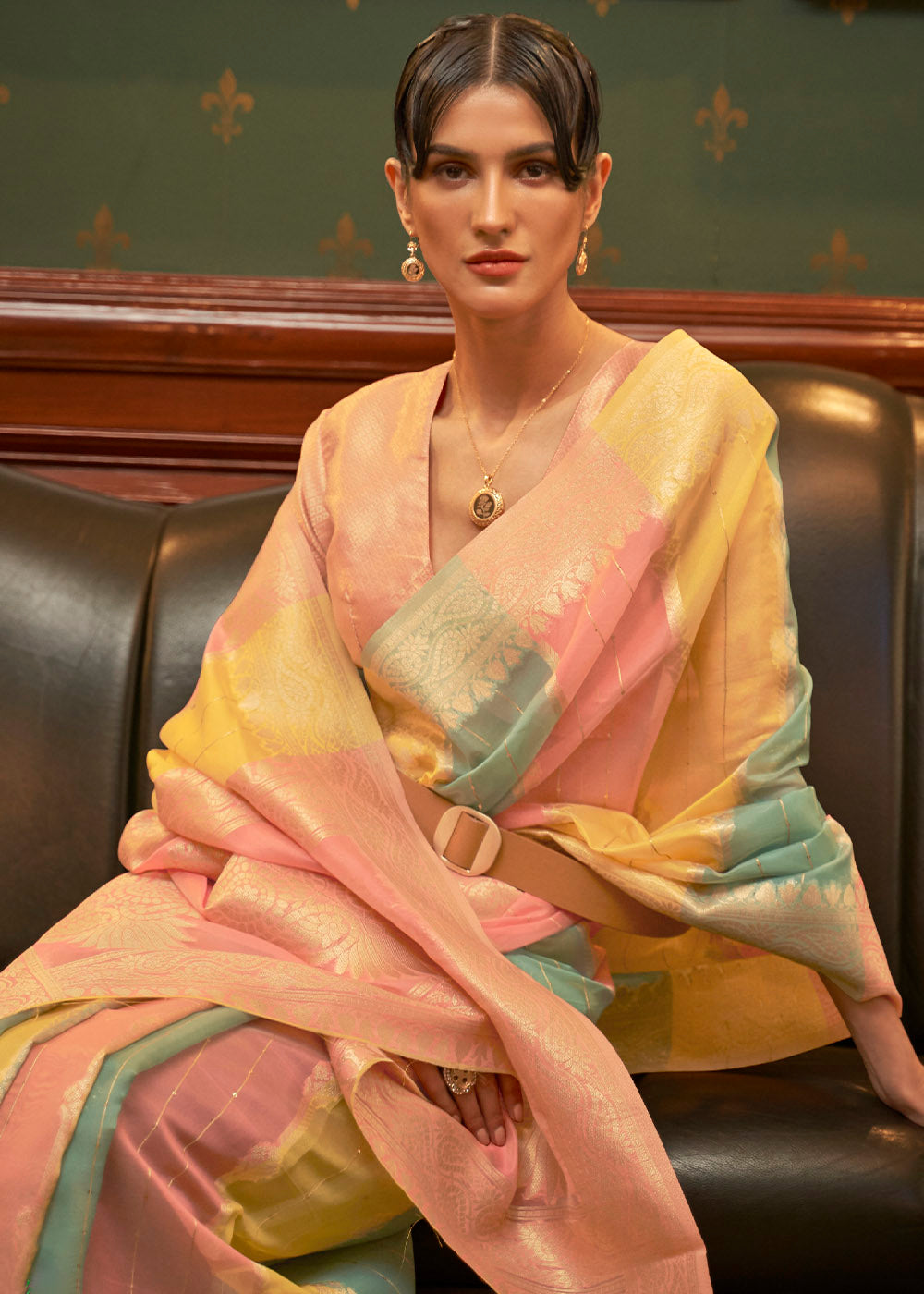 Yellow & Pink Woven Organza Silk Saree Clothsvilla