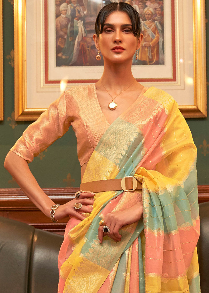 Yellow & Pink Woven Organza Silk Saree Clothsvilla
