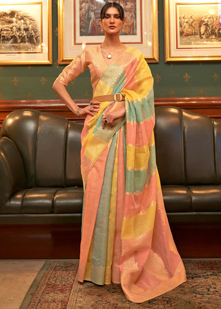 Yellow & Pink Woven Organza Silk Saree Clothsvilla