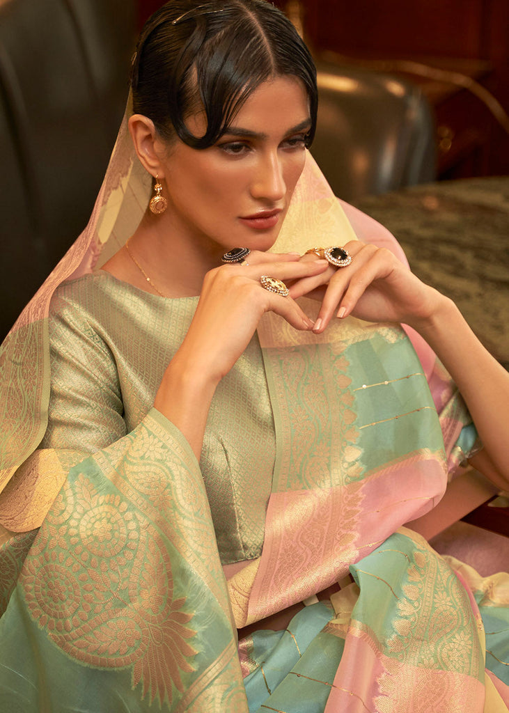 Green & Pink  Woven Organza Silk Saree Clothsvilla