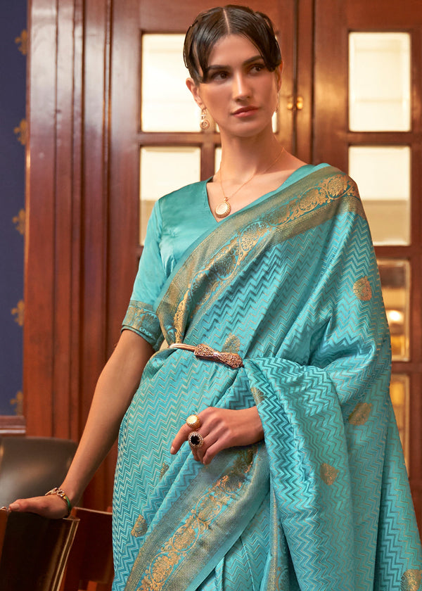 Cerulean Blue Designer Satin Silk Saree Clothsvilla