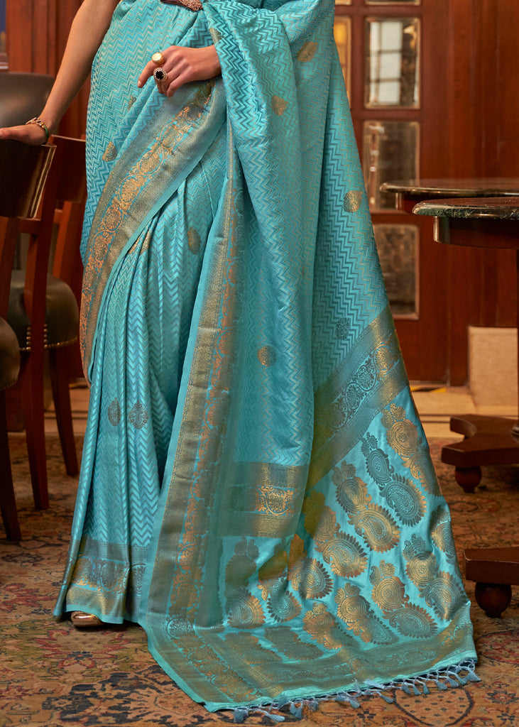 Cerulean Blue Designer Satin Silk Saree Clothsvilla