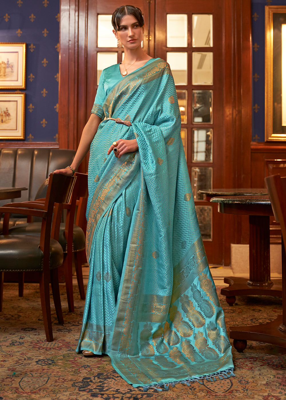 Cerulean Blue Designer Satin Silk Saree Clothsvilla Main image