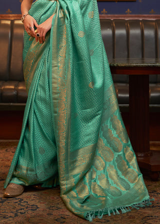Caribbean Green Designer Satin Silk Saree Clothsvilla