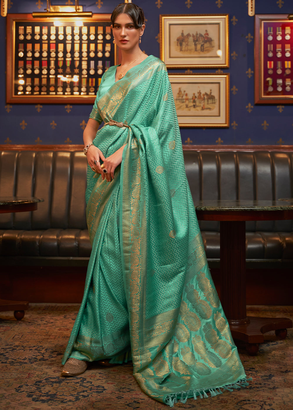 Caribbean Green Designer Satin Silk Saree Clothsvilla Main image