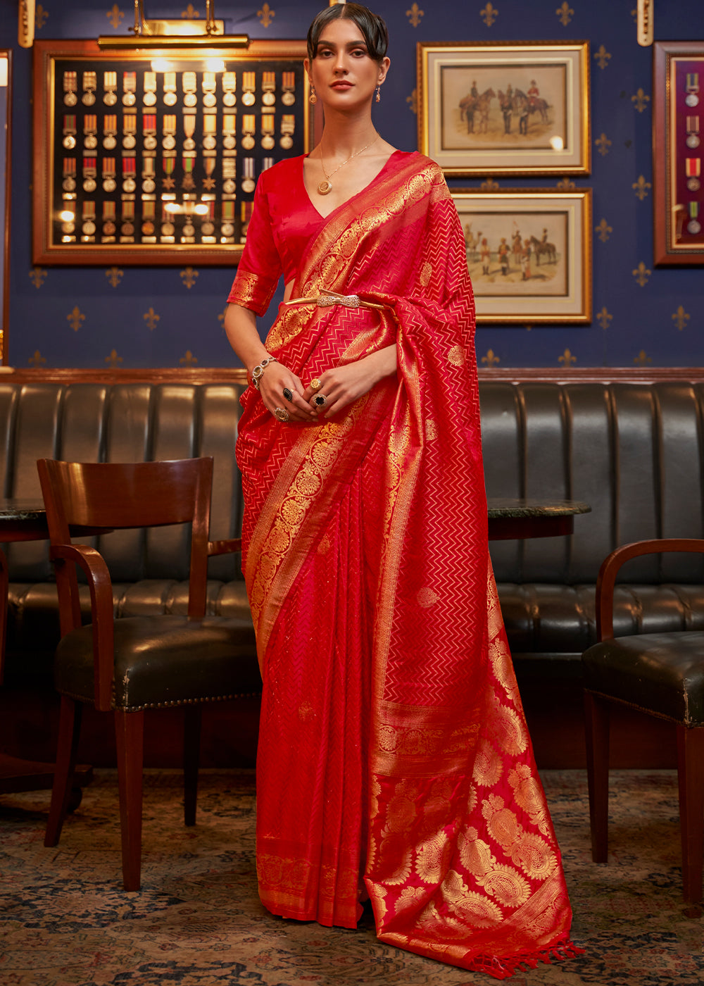 Scarlet Red Designer Satin Silk Saree Clothsvilla Main image