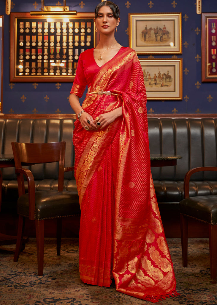 Scarlet Red Designer Satin Silk Saree Clothsvilla