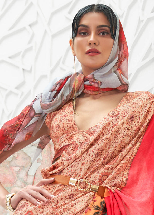 Brown & Pink Digital Floral Printed Crepe Silk Saree Clothsvilla
