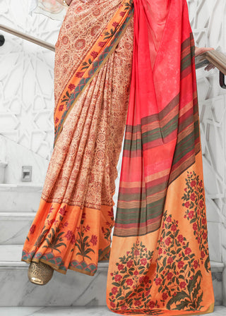 Brown & Pink Digital Floral Printed Crepe Silk Saree Clothsvilla