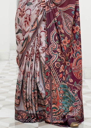 Cloudy Grey Digital Floral Printed Crepe Silk Saree Clothsvilla