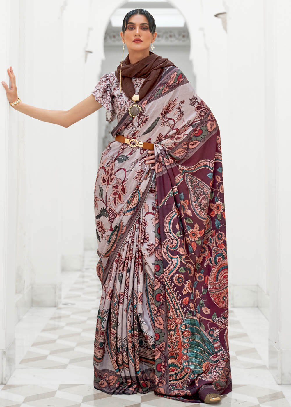 Cloudy Grey Digital Floral Printed Crepe Silk Saree Clothsvilla Main image