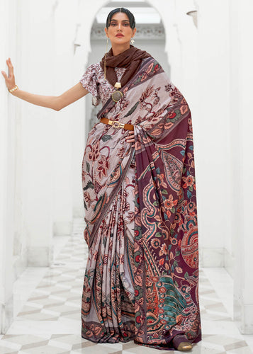 Cloudy Grey Digital Floral Printed Crepe Silk Saree Clothsvilla