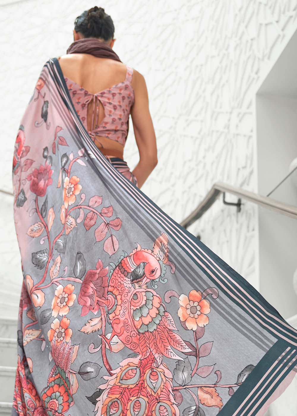 Sweet Pink Digital Floral Printed Crepe Silk Saree Clothsvilla
