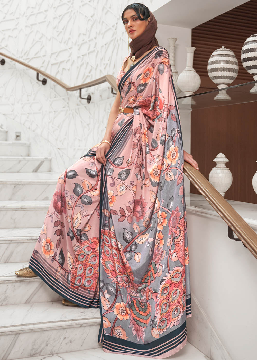 Sweet Pink Digital Floral Printed Crepe Silk Saree Clothsvilla