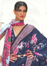 Load image into Gallery viewer, Prussian Blue Digital Floral Printed Crepe Silk Saree Clothsvilla