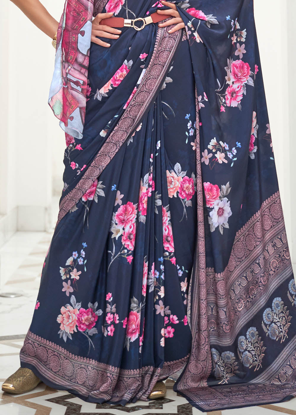 Prussian Blue Digital Floral Printed Crepe Silk Saree Clothsvilla