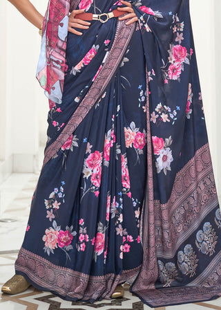 Prussian Blue Digital Floral Printed Crepe Silk Saree Clothsvilla