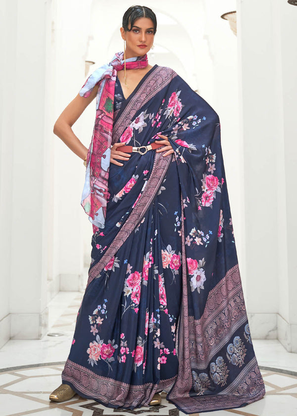 Prussian Blue Digital Floral Printed Crepe Silk Saree Clothsvilla