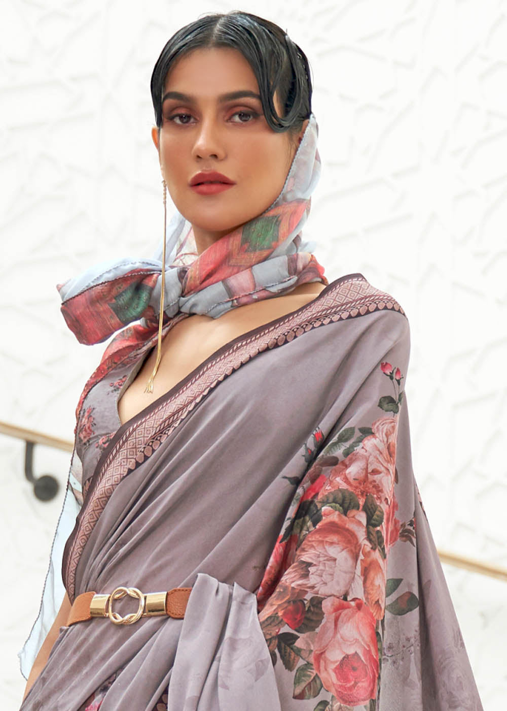 African Purple Digital Printed Crepe Silk Saree Clothsvilla