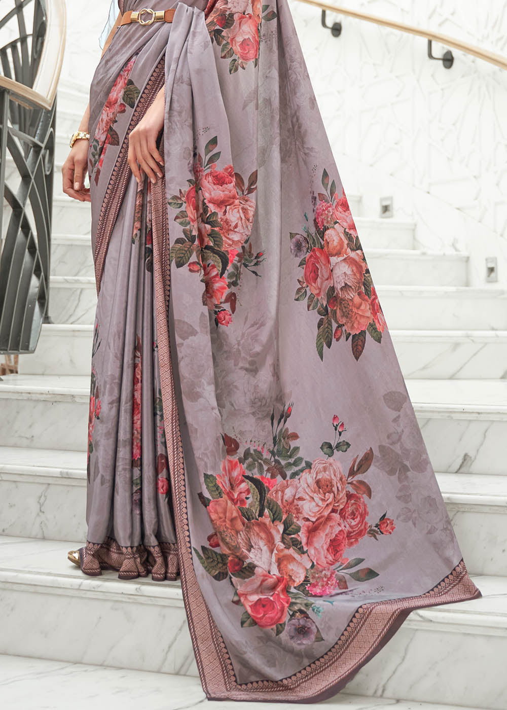 African Purple Digital Printed Crepe Silk Saree Clothsvilla