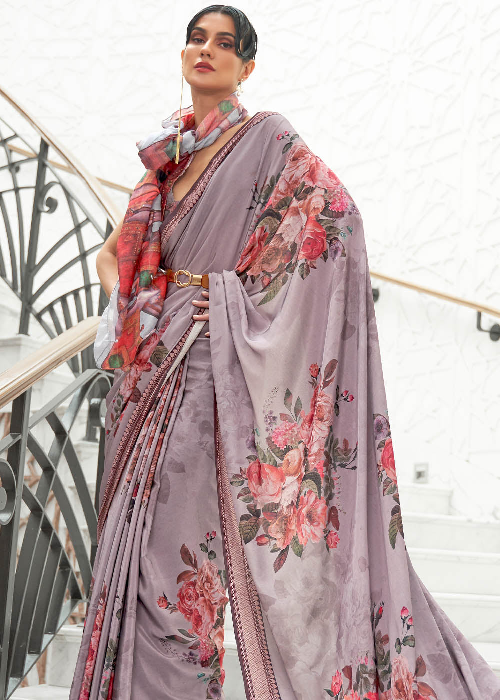 African Purple Digital Printed Crepe Silk Saree Clothsvilla