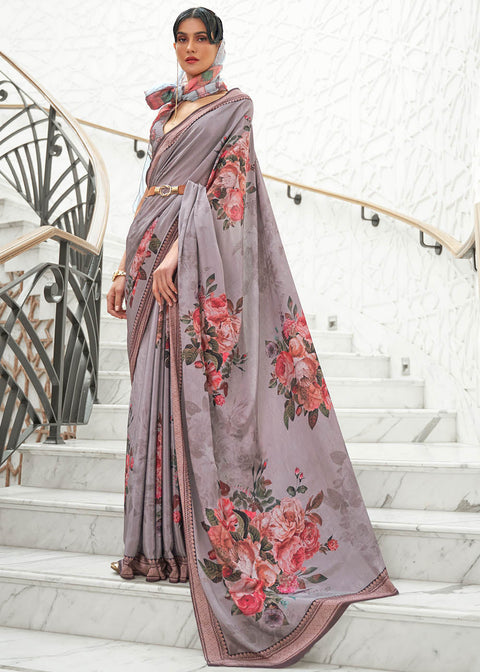 African Purple Digital Printed Crepe Silk Saree Clothsvilla Main image