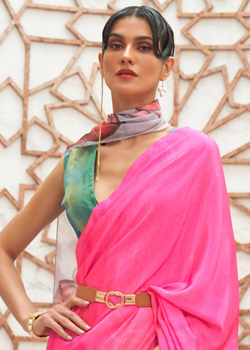 Hot Pink Digital Printed Crepe Silk Saree Clothsvilla