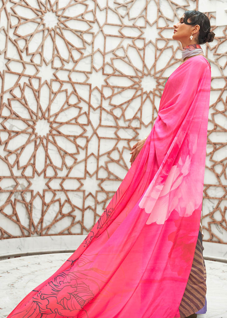 Hot Pink Digital Printed Crepe Silk Saree Clothsvilla
