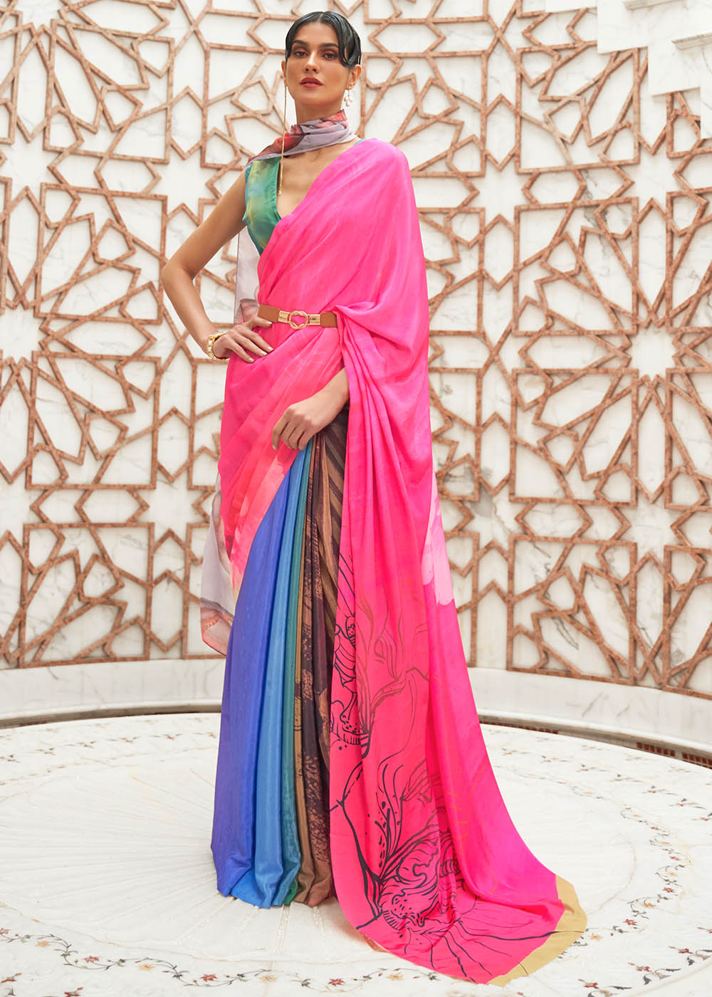 Hot Pink Digital Printed Crepe Silk Saree Clothsvilla Main image