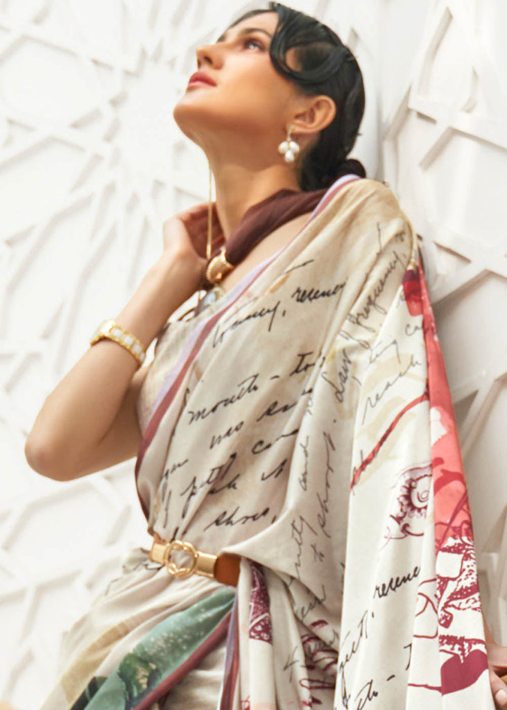 Parchment White Digital Printed Crepe Silk Saree Clothsvilla