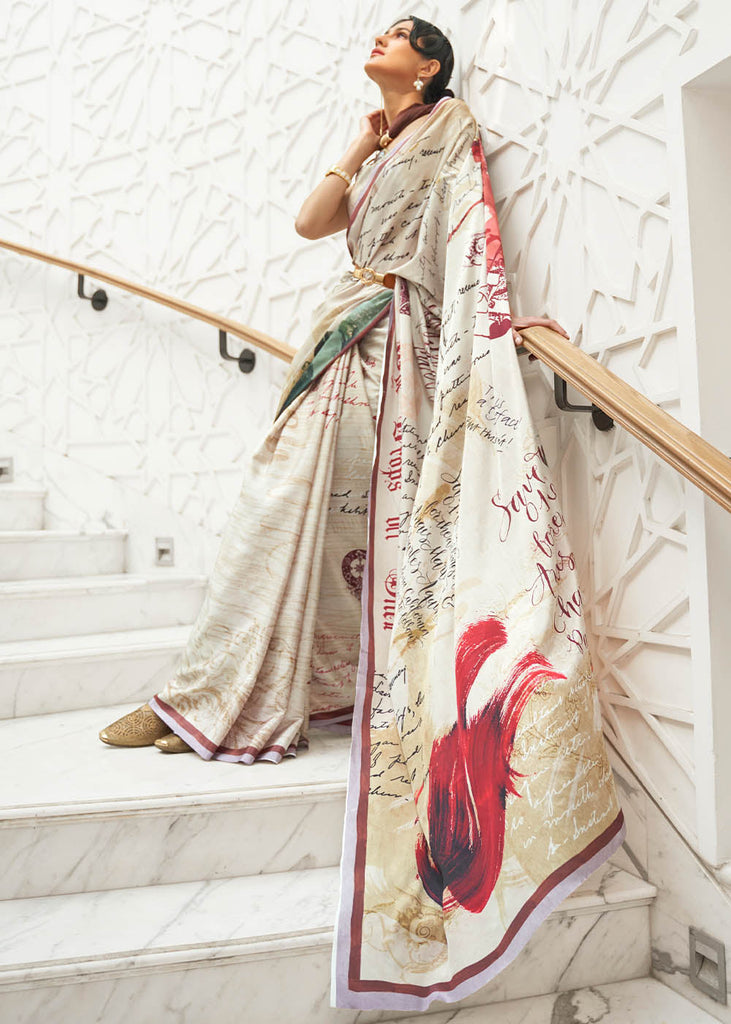 Parchment White Digital Printed Crepe Silk Saree Clothsvilla