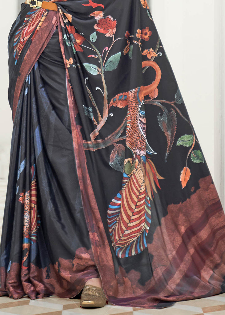 Sable Black Digital Printed Crepe Silk Saree Clothsvilla