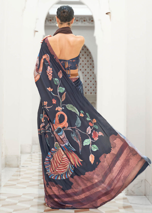Sable Black Digital Printed Crepe Silk Saree Clothsvilla