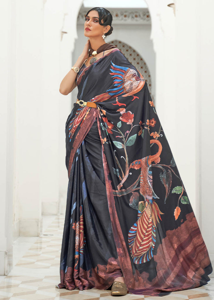 Sable Black Digital Printed Crepe Silk Saree Clothsvilla