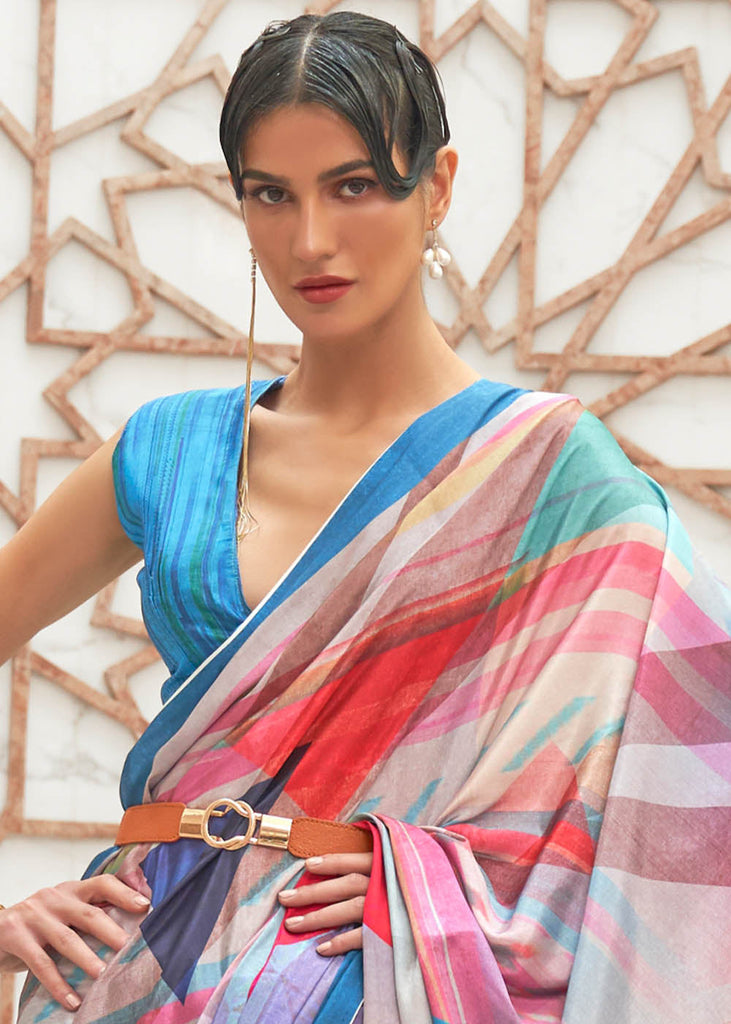 Azure Blue Digital Printed Crepe Silk Saree Clothsvilla