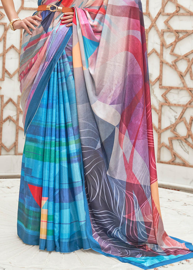 Azure Blue Digital Printed Crepe Silk Saree Clothsvilla