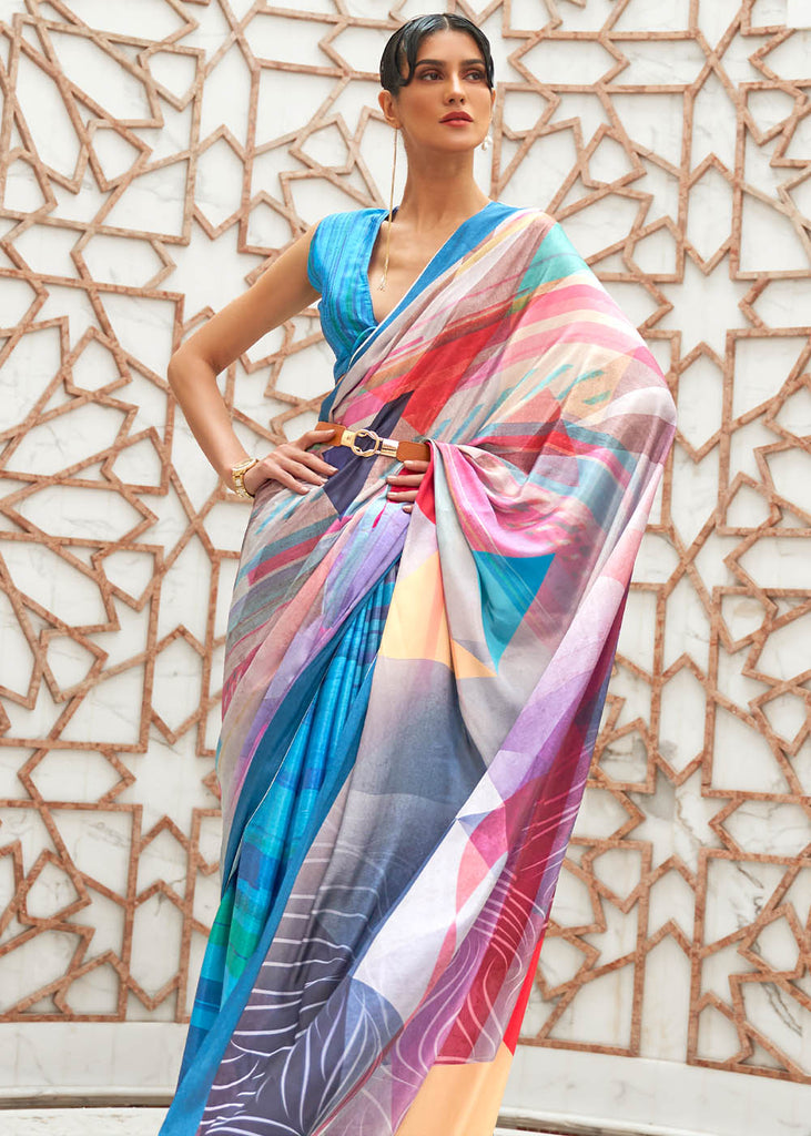 Azure Blue Digital Printed Crepe Silk Saree Clothsvilla