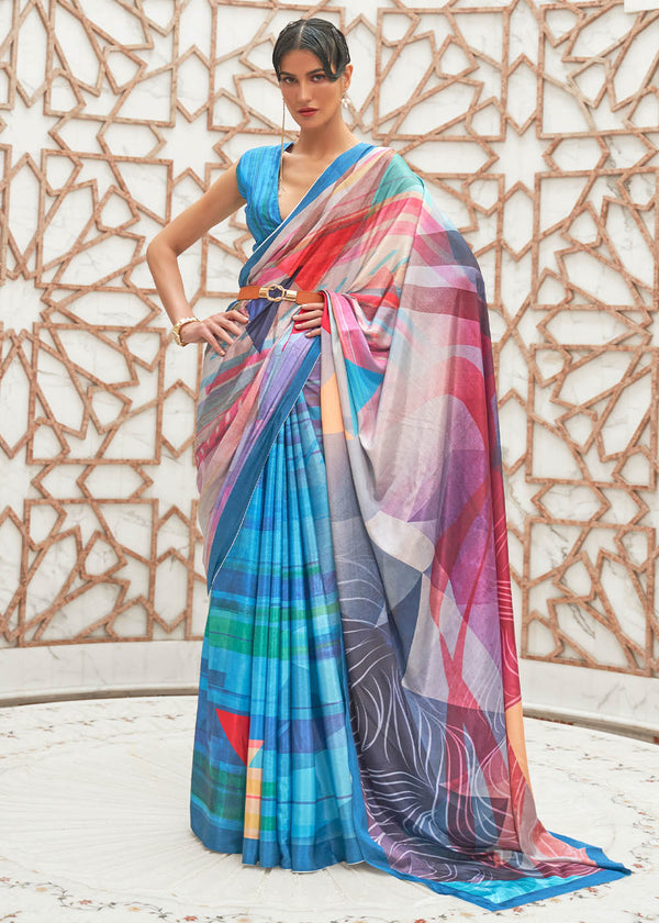 Azure Blue Digital Printed Crepe Silk Saree Clothsvilla