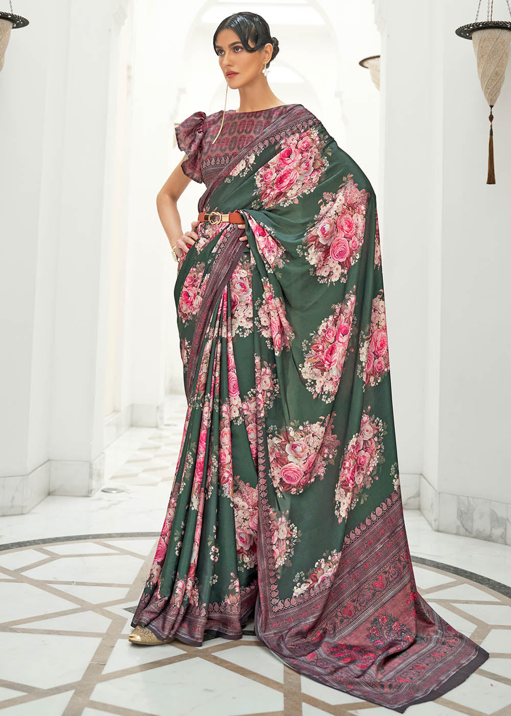 Opal Green Digital Printed Crepe Silk Saree Clothsvilla Main image