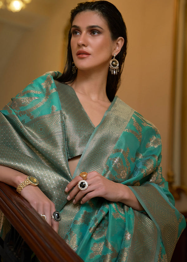 Tiffany Blue Green Two Tone Handloom Woven Organza Silk Saree Clothsvilla