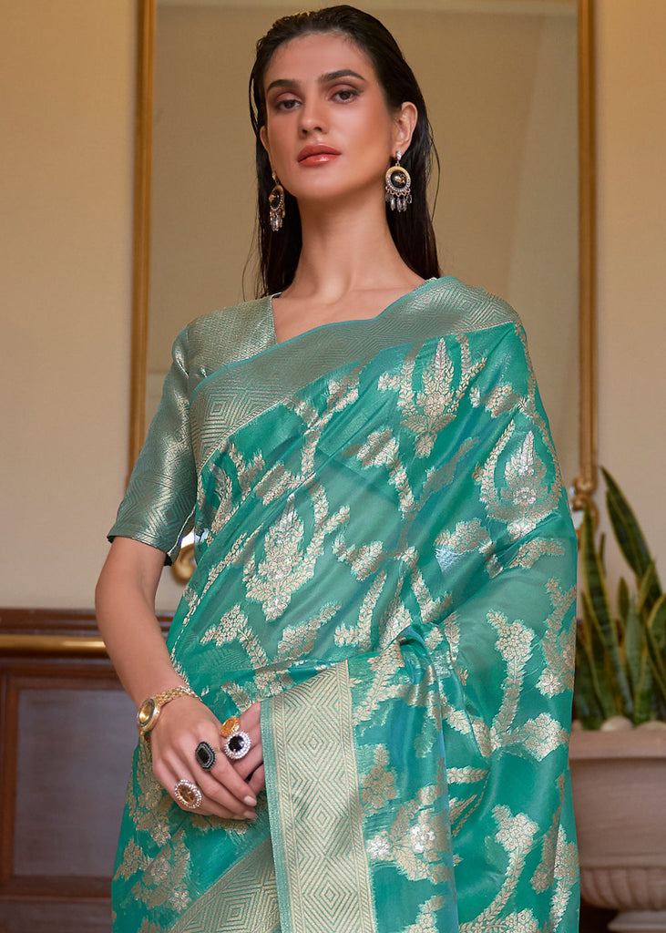 Tiffany Blue Green Two Tone Handloom Woven Organza Silk Saree Clothsvilla