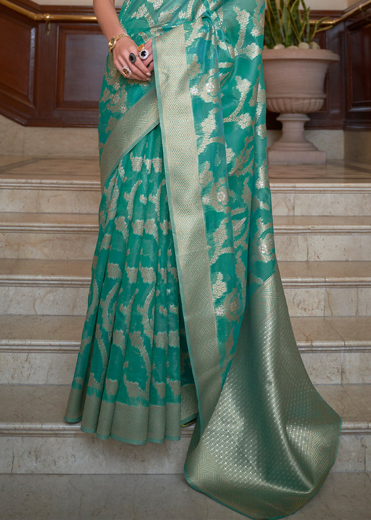 Tiffany Blue Green Two Tone Handloom Woven Organza Silk Saree Clothsvilla