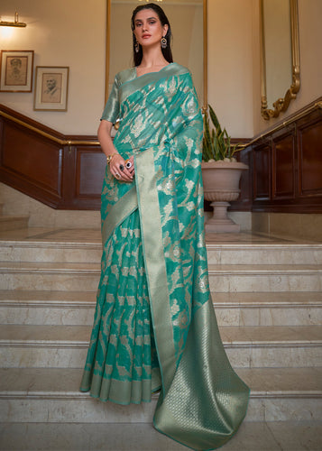 Tiffany Blue Green Two Tone Handloom Woven Organza Silk Saree Clothsvilla