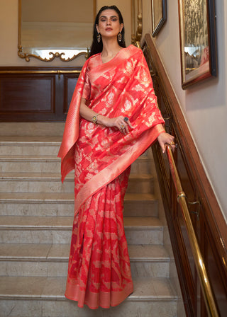 Crimson Red Two Tone Handloom Woven Organza Silk Saree Clothsvilla